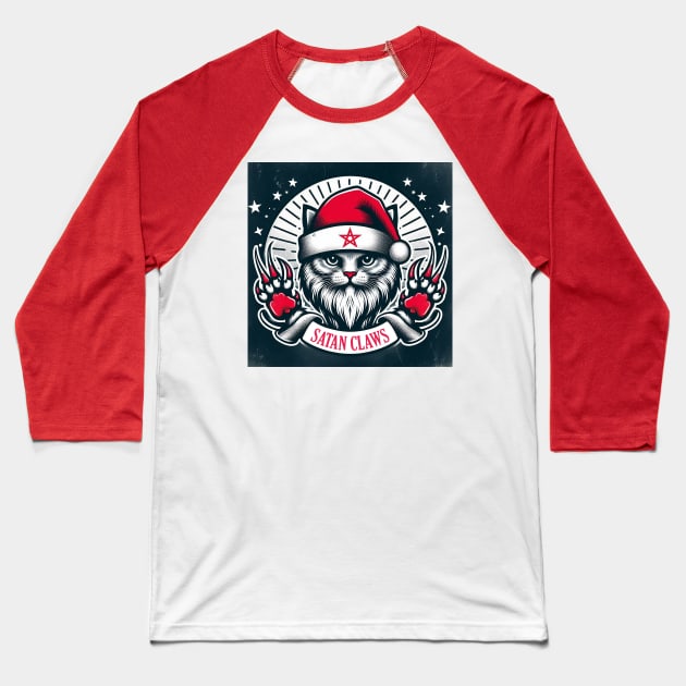 Satan Claws - Cat Santa Baseball T-Shirt by Sketchy